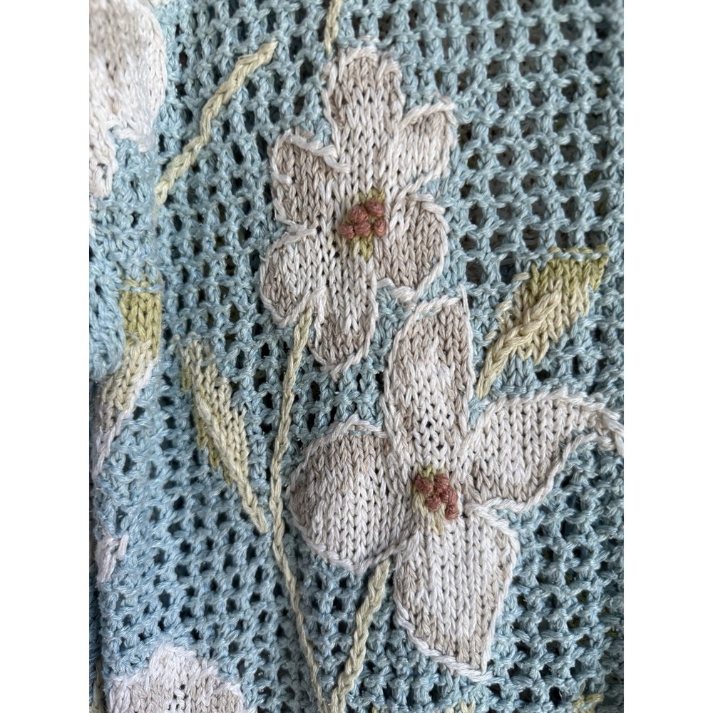 David Brooks Cardigan Open Weave Sweater Womens Medium Blue White Floral Vintage - Picture 6 of 10